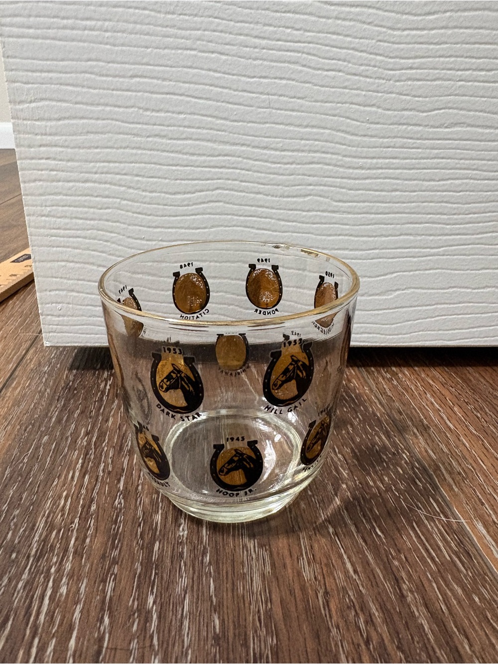 Vintage Kentucky Derby Winners Horseshoe Glass Cup MCM gold rim